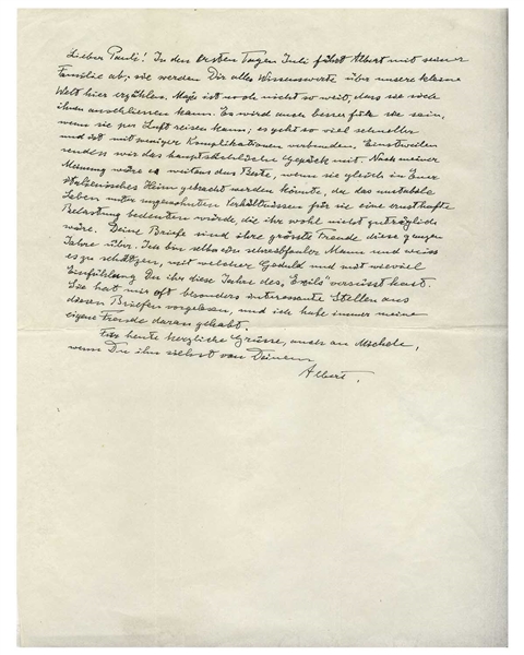 Albert Einstein Autograph Letter Signed in 1946 Regarding His Sister's Stroke -- ''...the immense patience and empathy with which you have sweetened for her these years of 'being exiled'...''